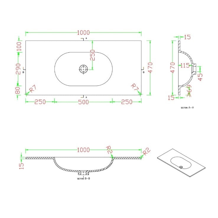 כיור קוריאן אינטגרלי 100 ס”מ צורה אובלית