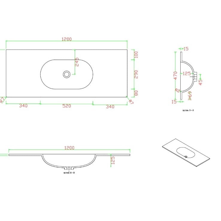 כיור קוריאן אינטגרלי 120 ס”מ צורה אובלית