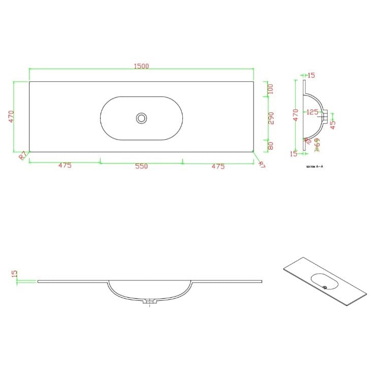 כיור קוריאן אינטגרלי 150 ס”מ צורה אובלית